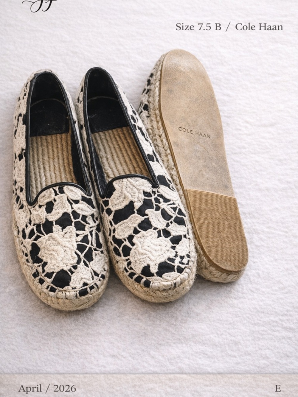 Cole Haan Espadrille Flats Lace Black Cream Women’s 7.5B